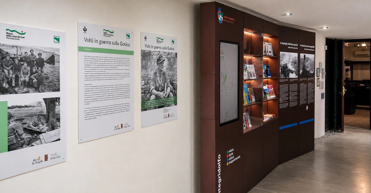Museo della Linea dei Goti - Montegridolfo (RN). Strutture modulari, grafica e dispositivi digitali si integrano nel museo preesistente.